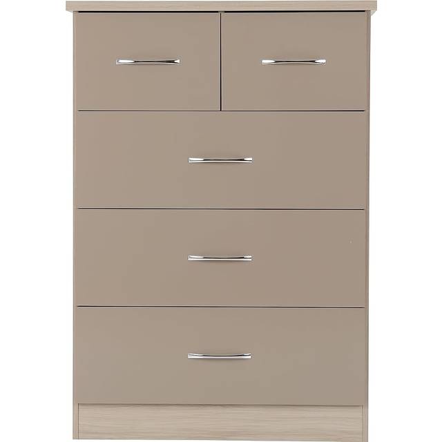 Seconique Nevada 3+2 Drawer Chest - Oyster Gloss/Light Oak Effect Veneer, Brown