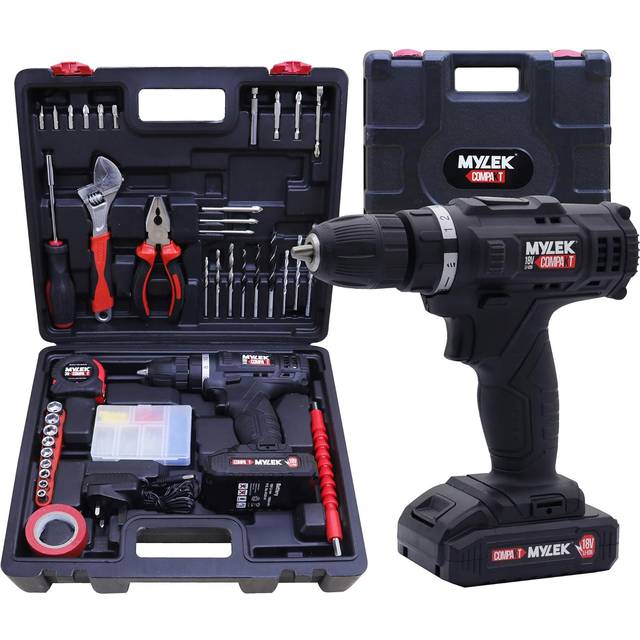 MYLEK MY90BMC 18V Cordless Drill & Accessory Set with Storage Case- Black