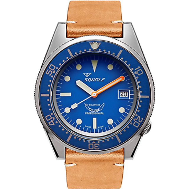 Squale 1521bluebl.pc 500 meter swiss automatic dive wristwatch leather