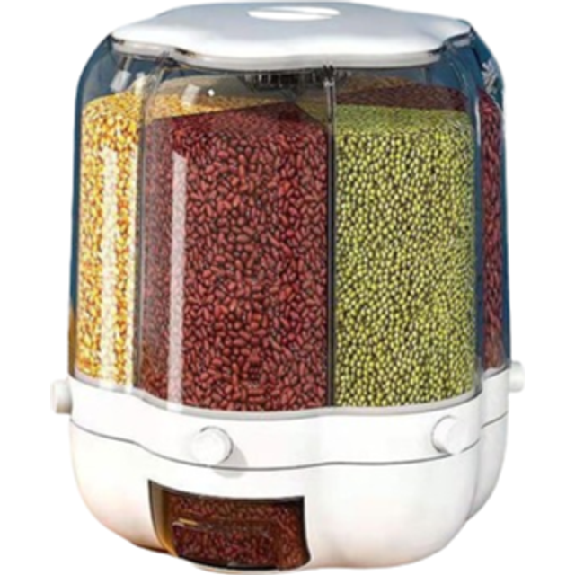 Round 6 Grid Sealed Rotating Plastic Rice Dispenser  Dry Food Grain Dustproof Container Kitchen Gadget Storage Tools Rice Bucket