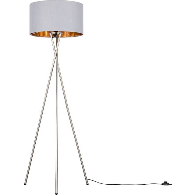 Minisun - Camden Modern Brushed Chrome Metal Tripod Floor Lamp with Grey & Gold Cylinder Shade - Includes 6w led Bulb 3000K