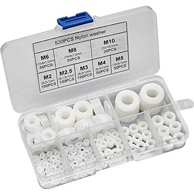 520pcs Nylon Washers Plastic Round Flat Spacers Flat Washer Screw Bolt Assorted 8 Size Flat Gasket for Bolts Round Insulation Gasket Ring Mechanical