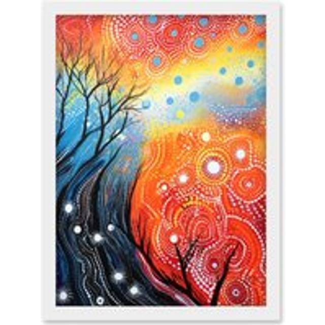 Wall Art Print Contemporary Aboriginal Artwork in Blue and Orange Vibrant Abstract Forest Trees and Stars Artwork Framed A4 - White - A4