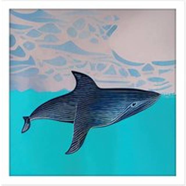Wall Art Print Blue Whale Peaceful Ocean Watercolour Pattern Sky Square Framed Picture 16X16 Inch - White - W16 inch x H16 inch