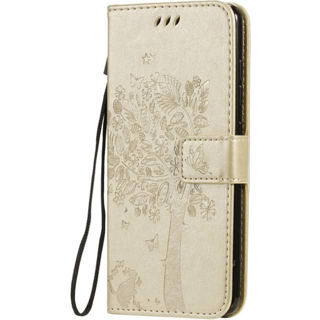 For Galaxy A51 Tree & Cat Pattern Pressed Printing Horizontal Flip PU Leather Case with Holder & Card Slots & Wallet & Lanyard(Gold)