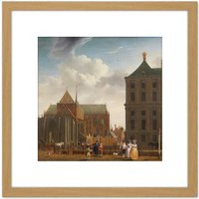 Ouwater New Church Town Hall The Dam Amsterdam 8X8 Inch Square Wooden Framed Wall Art Print Picture with Mount - Tan - One Size
