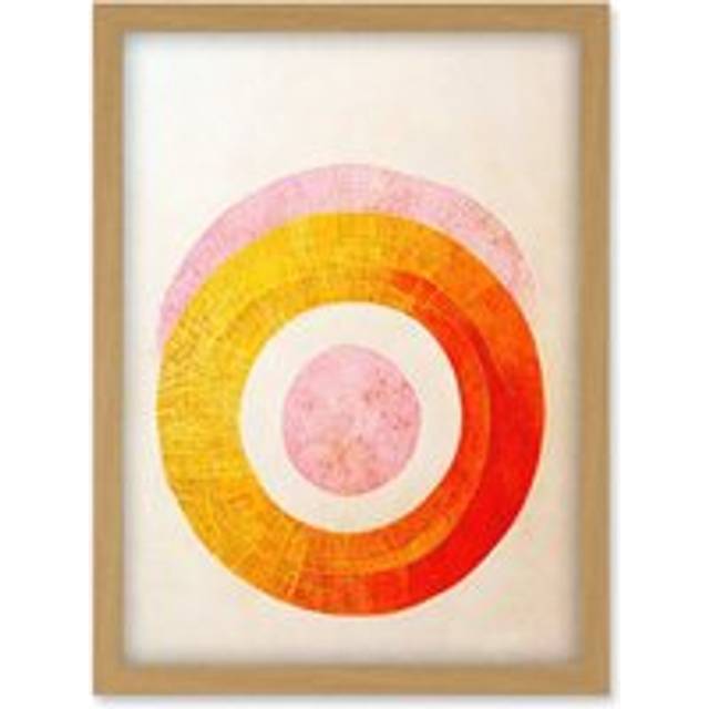 Boho Abstract Line Painting Pastel Patterned Autumn Circles Of Pink, Yellow And Orange Artwork Framed Wall Art Print A4 - Tan - One Size
