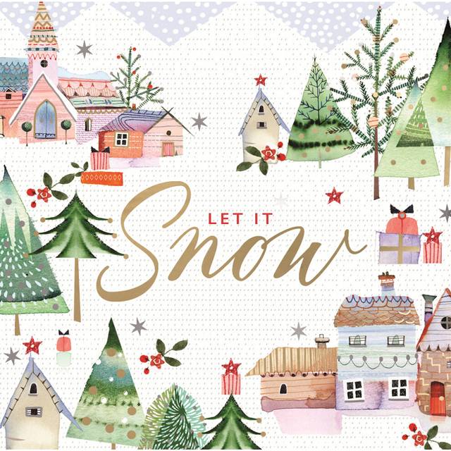 Let It Snow Festive Snowy Village Foiled Christmas Card Xmas Greeting Cards