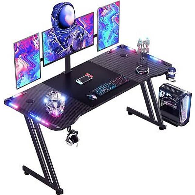 HLONONE Spelskrivbord med LED 140 x 60 cm, Skrivbord och fjärrkontrol, datorbord, ergonomiskt Gamingbord med kolfiberbeläggning, Spelbord för hemmakontor med mugghållare och hörlurskrokar, svart