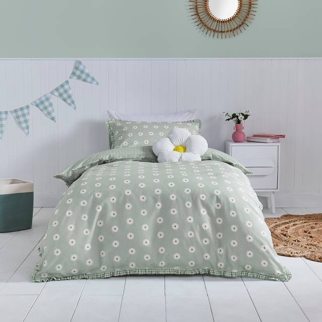 Daisy Gingham Ruffle Trim Duvet Cover and Pillowcase Set - Green