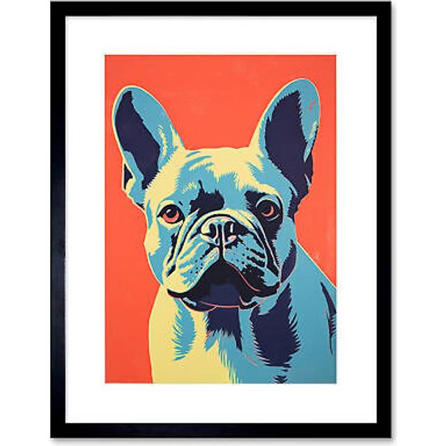 Wall Art Print French Bulldog Colour Block Artwork Coral Orange Blue Vibrant Pet Portrait Cute Artwork Framed 9X7 Inch - Black - W7 inch x H9 inch
