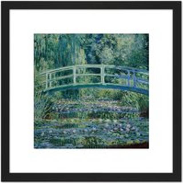 Monet Water Lilies Japan Bridge Painting 8X8 Inch Square Wooden Framed Wall Art Print Picture with Mount - Black - One Size