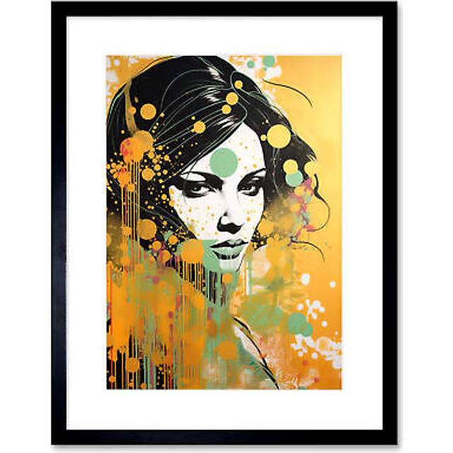 Wall Art Print I'll Be Waiting Black Hair Woman Portrait Green Yellow Gold Liquid Paint Linocut Teen Room Artwork Framed 9X7 Inch - W7 inch x H9 inch