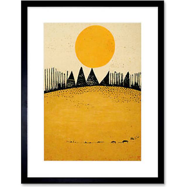 Wall Art Print Minimalist Tribal Abstract Desert Yellow Painting Artwork Framed 9X7 Inch - Black - W7 inch x H9 inch