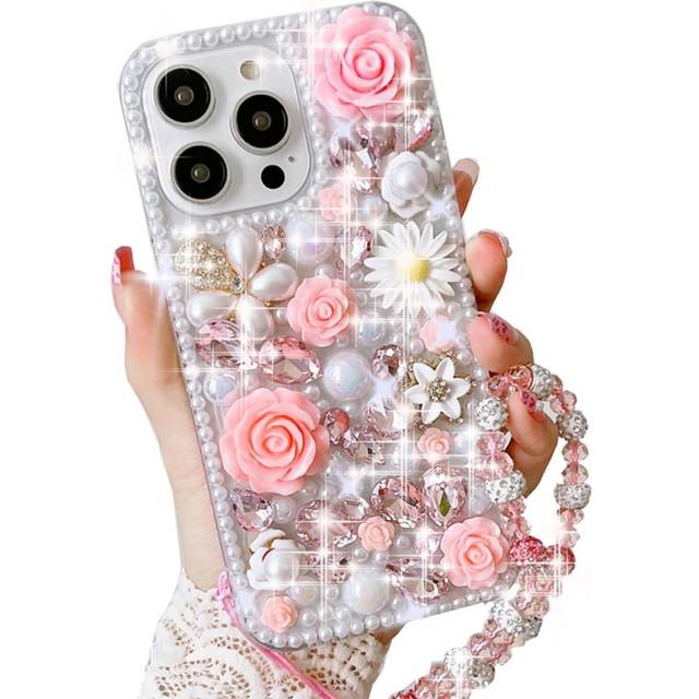 iPhone 14 Pro Glitter Bling Case, Cute Luxury 3D Crystal Rhinestone Flowers Diamond Pearl with Wrist Strap Bracelet Chain Women Girls Case Cover