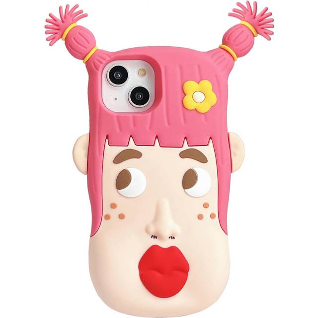 iPhone13 Case Kawaii Phone Cases,Cute 3D Cartoon Pink Beautiful Girl with Flower Soft Silicone Shockproof Protective Case Funny forWomen Girls