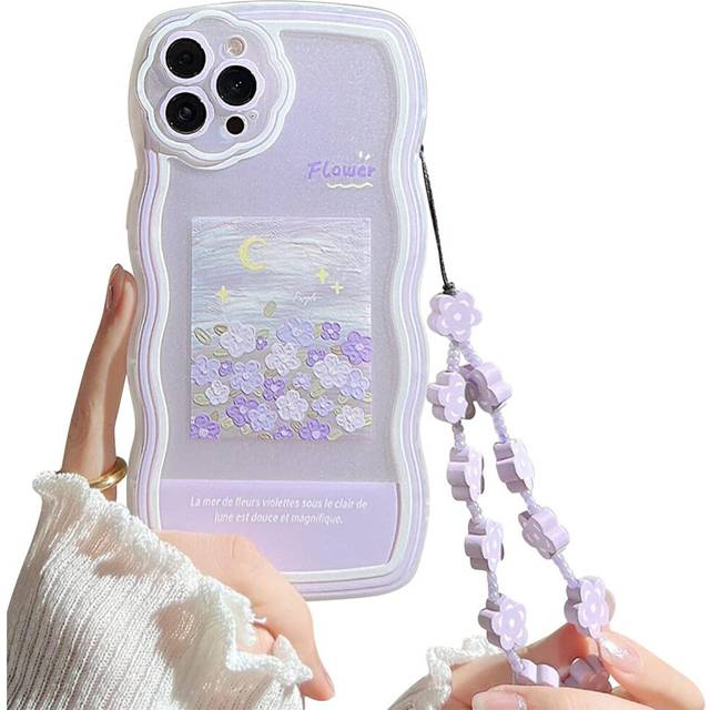 Compatible with iPhone 12 Pro Max Cute Purple Floral Pattern Design Aesthetic Women Teen Girls Floral Lens Case for iPhone 12 Pro Max +Chain-Flower