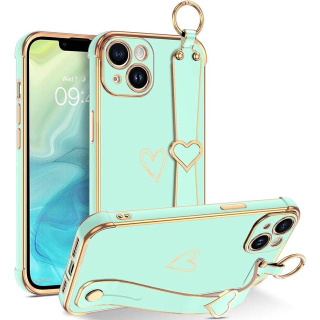 iPhone 14 Plus Phone Case with Adjustable Wristband Kickstand Loop, Cute Heart Luxury Plating Bumper, Raised Corner Shockproof Women Girls Cover