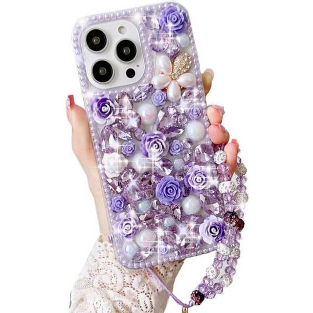 iPhone 14 Pro Max Glitter Bling Case, Cute Luxury 3D Crystal Rhinestone Flowers Diamond Pearl with Wrist Strap Bracelet Chain Women Girls Case Cover