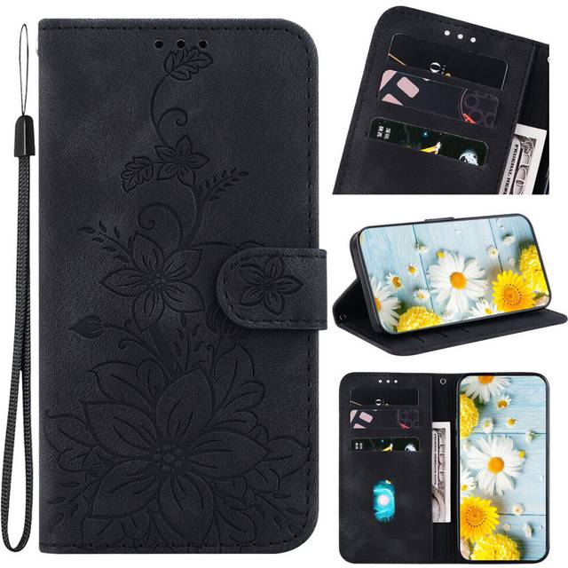 (Black) Case for Xiaomi Redmi A2 PLUS Embossed Lily Flip Wallet Premium Pu Leather Cover with Card Holder Compatible With Xiaomi Redmi A2 PLUS