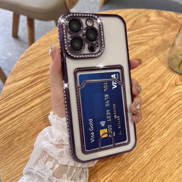 Plating Wallet for iPhone 14 pro max Case, Bling Glitter Diamond Card Holder Camera Protection Luxury Cover + 2* , Card Slot Case Elegant