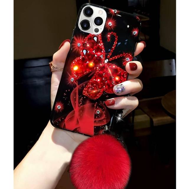 iPhone 14 Girly Case Bling Glitter 3D Diamond Rhinestone Case Cute for Women Girls Sparkle Shiny Luxury Crystal Butterfly with Plush
