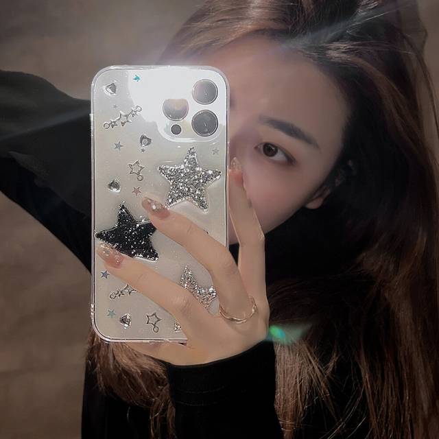 iPhone 13 Pro Case Bling Stars 3D Hearts Diamond Twinkle Star Glitter Y2K Spark Luxury Girly Aesthetic Personalized Design for Women
