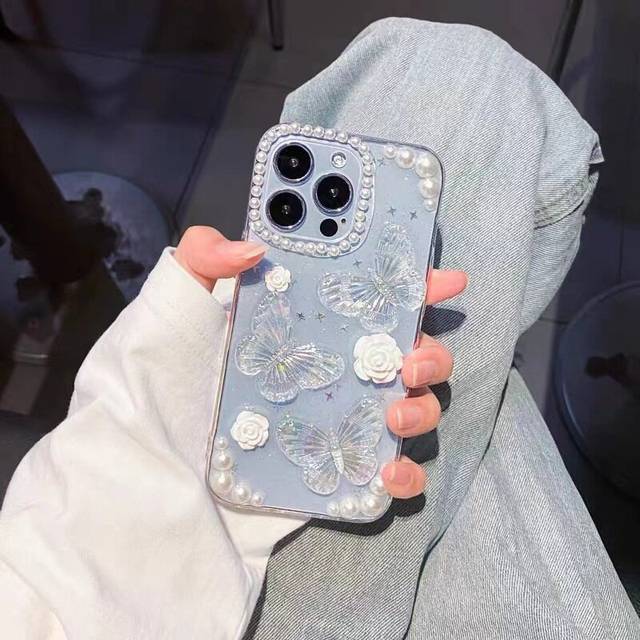 iPhone 14 pro Case Cute Butterfly Flower Pearl 7D Twinkle Glitter Spark Luxury Girly Aesthetic Personalized  Transparent Epoxy TPU Case