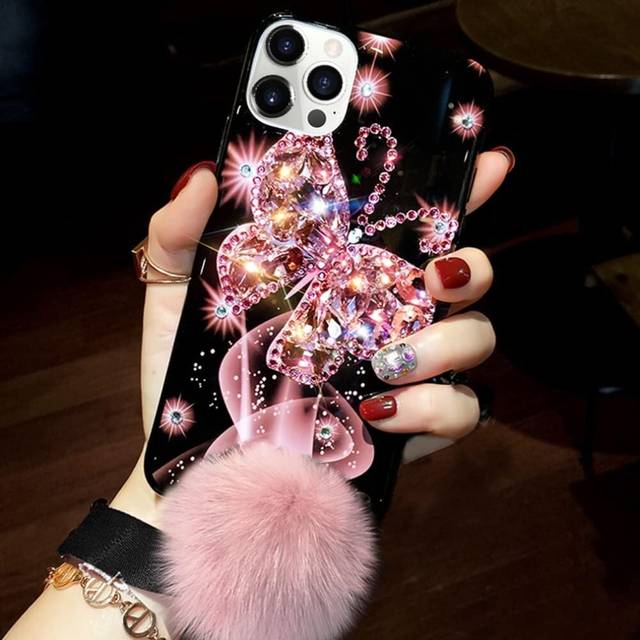 iPhone 14 Pro Girly Case Bling Glitter 3D Diamond Rhinestone Case Cute for Women Girls Sparkle Shiny Luxury Crystal Butterfly with Plush