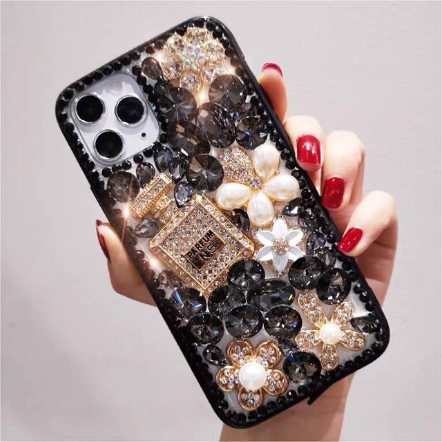 iPhone 13 pro max Luxury Bling Glitter Case, Diamond Rhinestone 3D Perfume Bottle & Flower, Soft TPU Cover for Women & Girls
