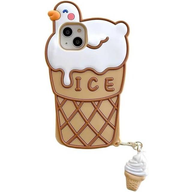 Ultra-thick soft silicone ice cream cone case with charm for Apple iPhone 13 Pro Max with white baby duck 3D cartoon design is cute and fun!