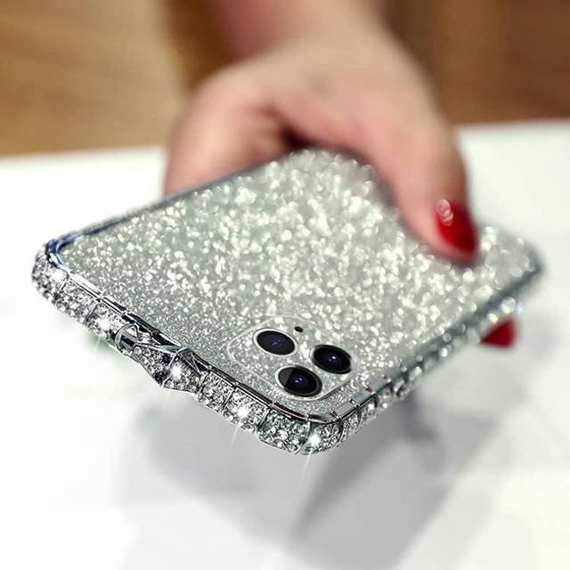 iPhone 14 Pro Bling Glitter Case for Women Cute Diamond Rhinestone with Shiny Sparkly Sticker Skin Plating Metal Bumper Frame Edge