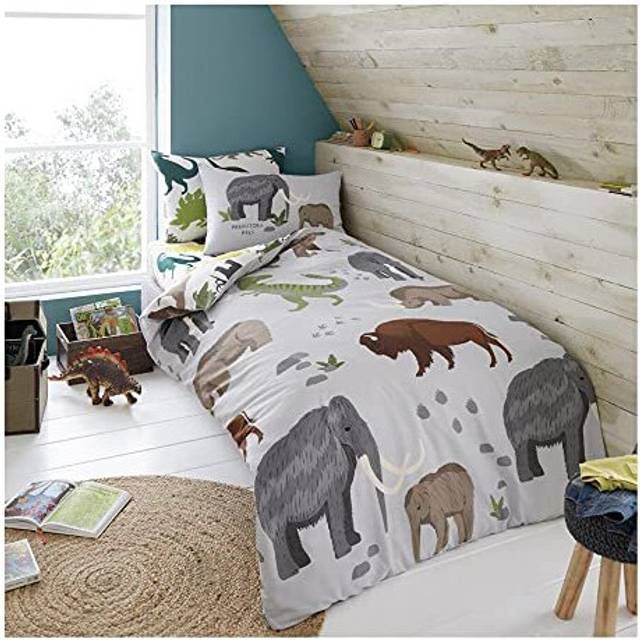 Lions Dinosaur Bedding Bed Duvet Cover Set with Pillowcase, Reversible Boys Quilt Covers (Wolly Mammoth, Double)