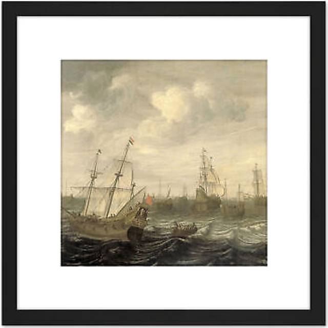 Beelt Dutch Herring Fleet Under Sail Ship Painting 8X8 Inch Square Wooden Framed Wall Art Print Picture with Mount - Black - One Size