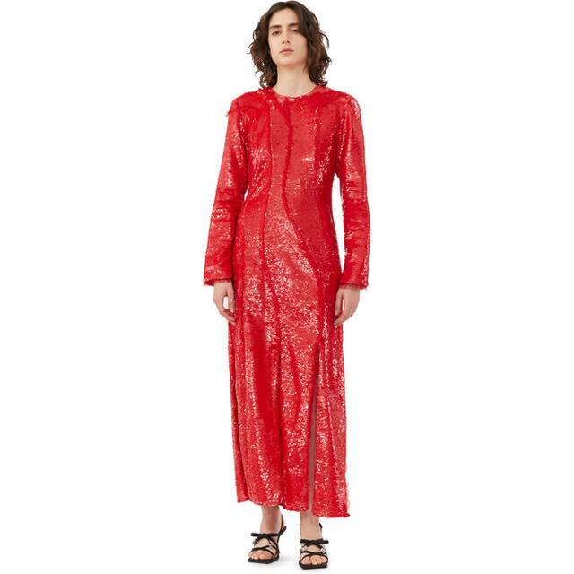 Ganni Sequins Cutline Maxi Dress Dam Maxiklänningar Stl. 34 - Från Magasin - Fiery Red (34)