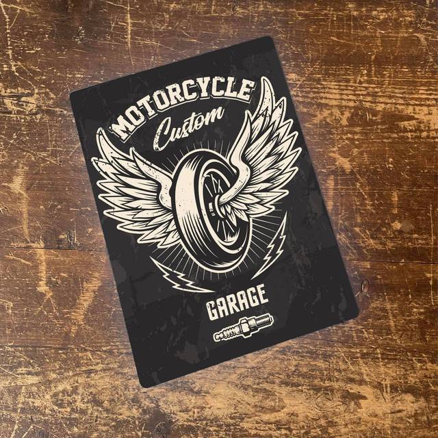 Motorcycle Custom Garage - Metal Retro Wall Sign (20cm H x 15cm W)