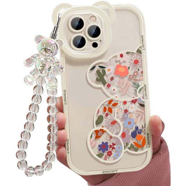 Compatible with iPhone 14 Pro Max Case, Cute Flowers Bear Camera Protector Clear Case Cover with Lovely Strap Bracelet Chain Girls Women Case