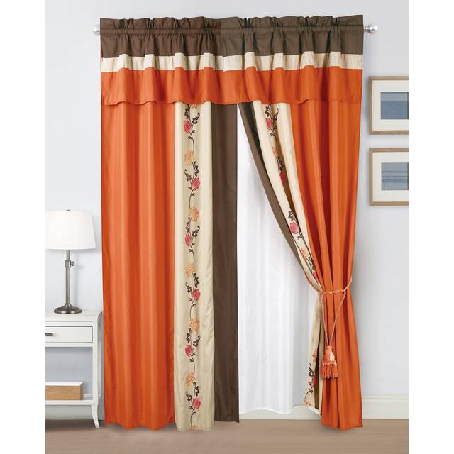 Chezmoi Collection Serene 4-Piece Luxury Orange/Brown/Taupe Autumn Floral Embroidery Window Curtain Panel Set with Sheer Backing Valance Tassels  120