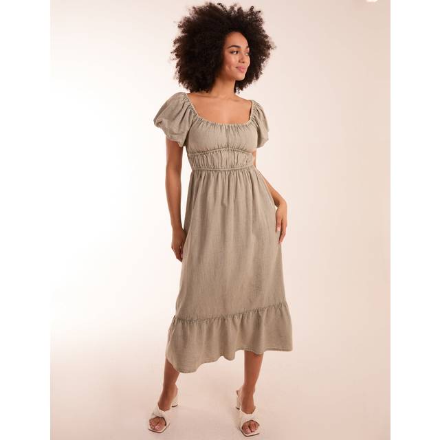 Womens Milkmaid Washed Puff Sleeve Midi Dress - Green - 8