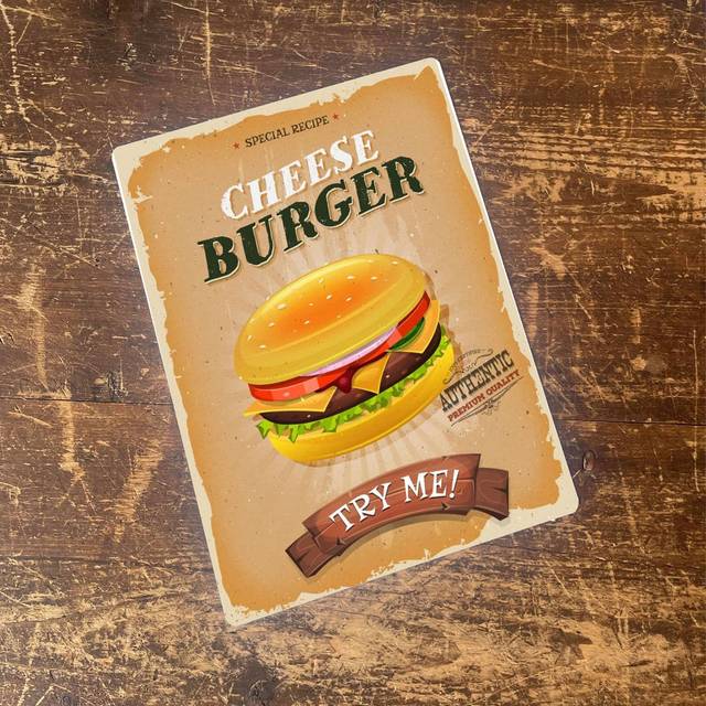 Cheese Burger Take Away Food - Metal Retro Wall Sign (80cm H x 60cm W)