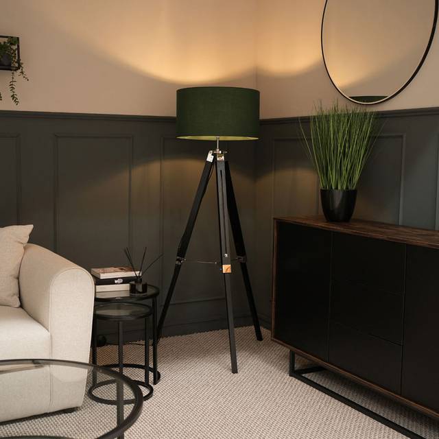 ValueLights Clipper Black Wood Tripod Floor Lamp with Large Forest Green Reni Shade