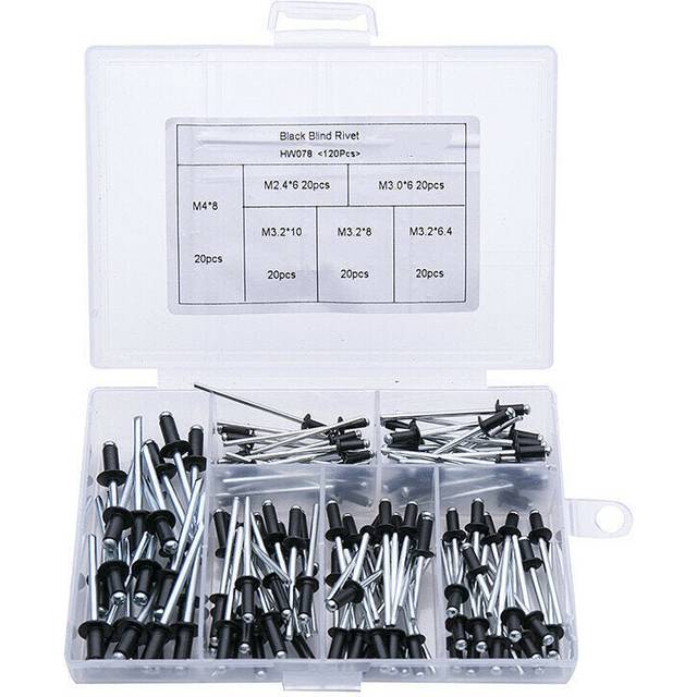 120Pcs Black Blind Rivet Assortment Kit M2.4 M3.2 M4 for Hand & Air Riveter Open-mouthed Core-pulling Rivet Aluminum Upholstery Nails