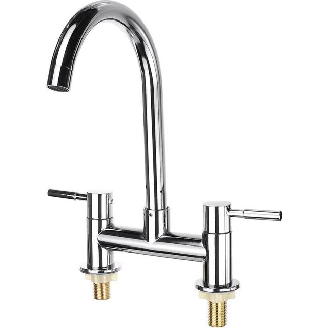 Kitchen Sink Faucet Hot Cold Mixer Tap Double Handle Hole Spout Finish Brushed Swivel Spray 360