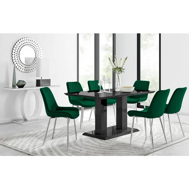 Edzard Double Pedestal High Gloss Dining Table Set with 6 Luxury Velvet Dining Chairs - Black (6)