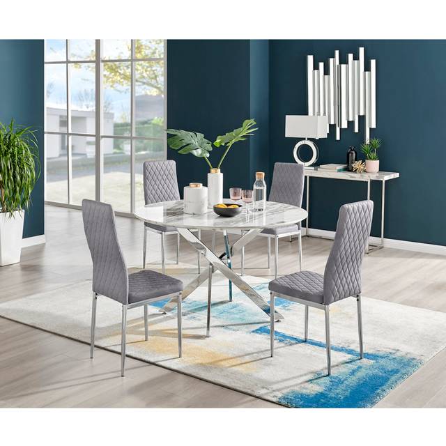 Tierra Modern Chrome Metal & Glass Round Dining Table Set with 4 Quilted Velvet Chairs - Silver (75 x 120 x 120cm)