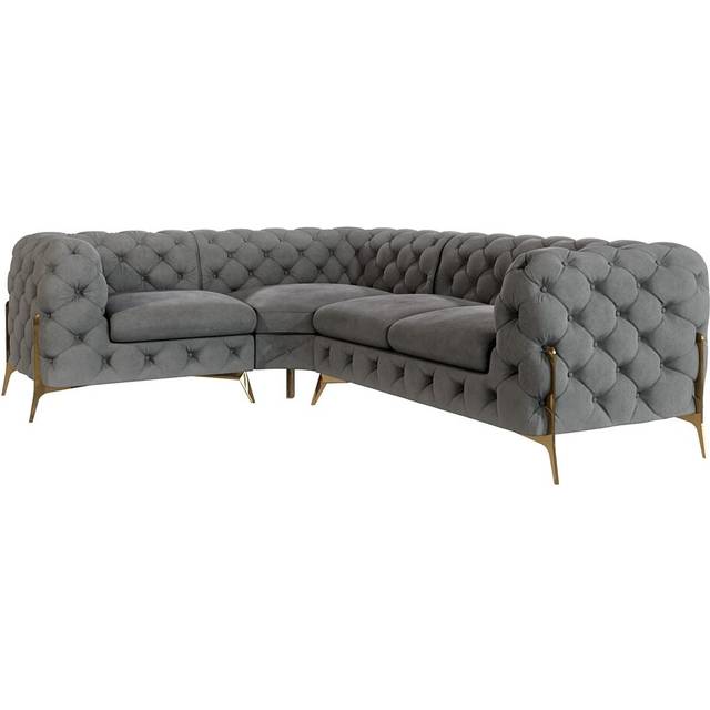 Chesterfield Corner Sofa L-Shape Atoka with Gold Metal Legs - Grey (73cm H X 262cm W X 200cm D)