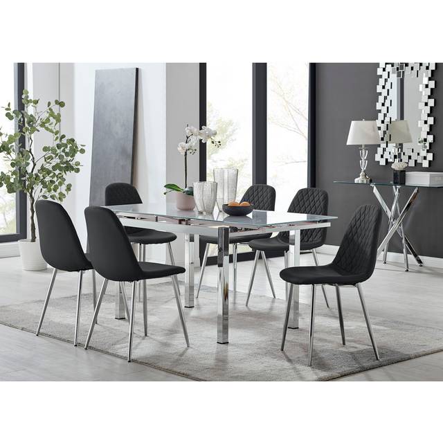Tierra Modern Glass & Metal Extendable Dining Table Set & 6 Luxury Faux Leather Dining Chairs - Chrome (6)