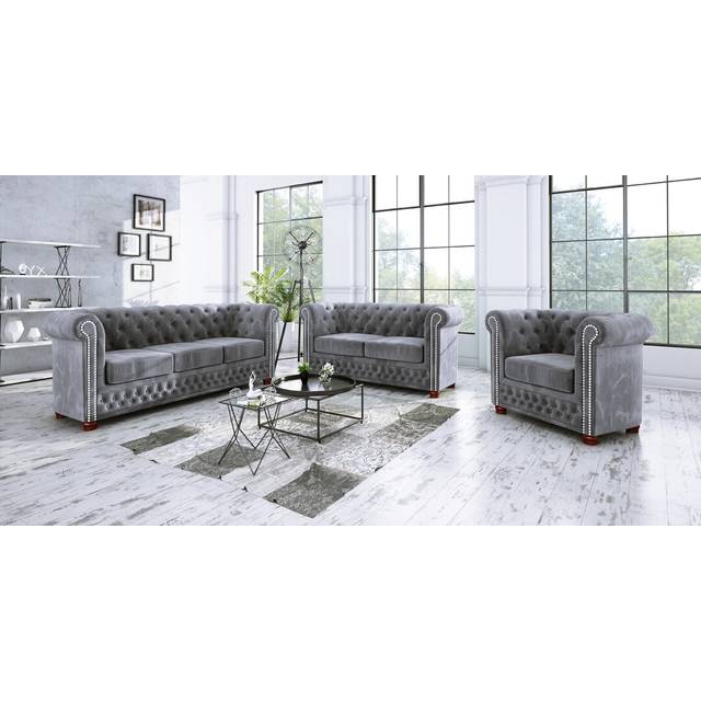 Chesterfield Anzla Sofa Set 3+2+1 Made of Velvet Fabric with Solid Wood Legs - Grey (3)