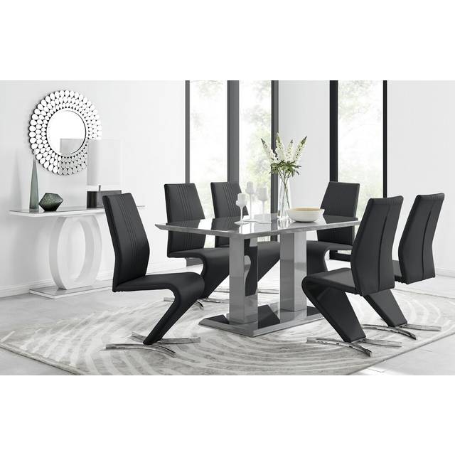 Edzard Double Pedestal High Gloss Dining Table Set with 6 Luxury Faux Leather Dining Chairs - Black (6)