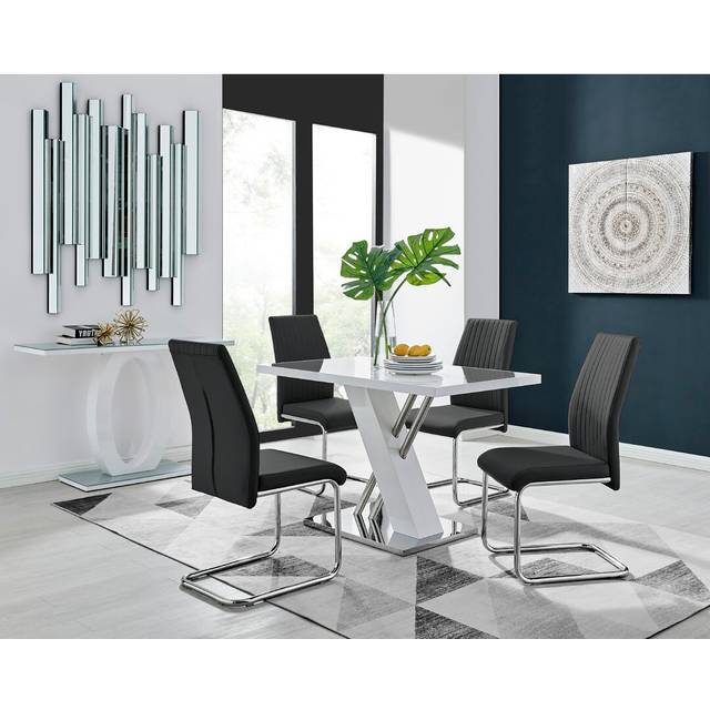 Sorro Cross Luxury High Gloss & Chrome Dining Table Set with 4 Upholstered Faux Leather Chairs - Black (4)